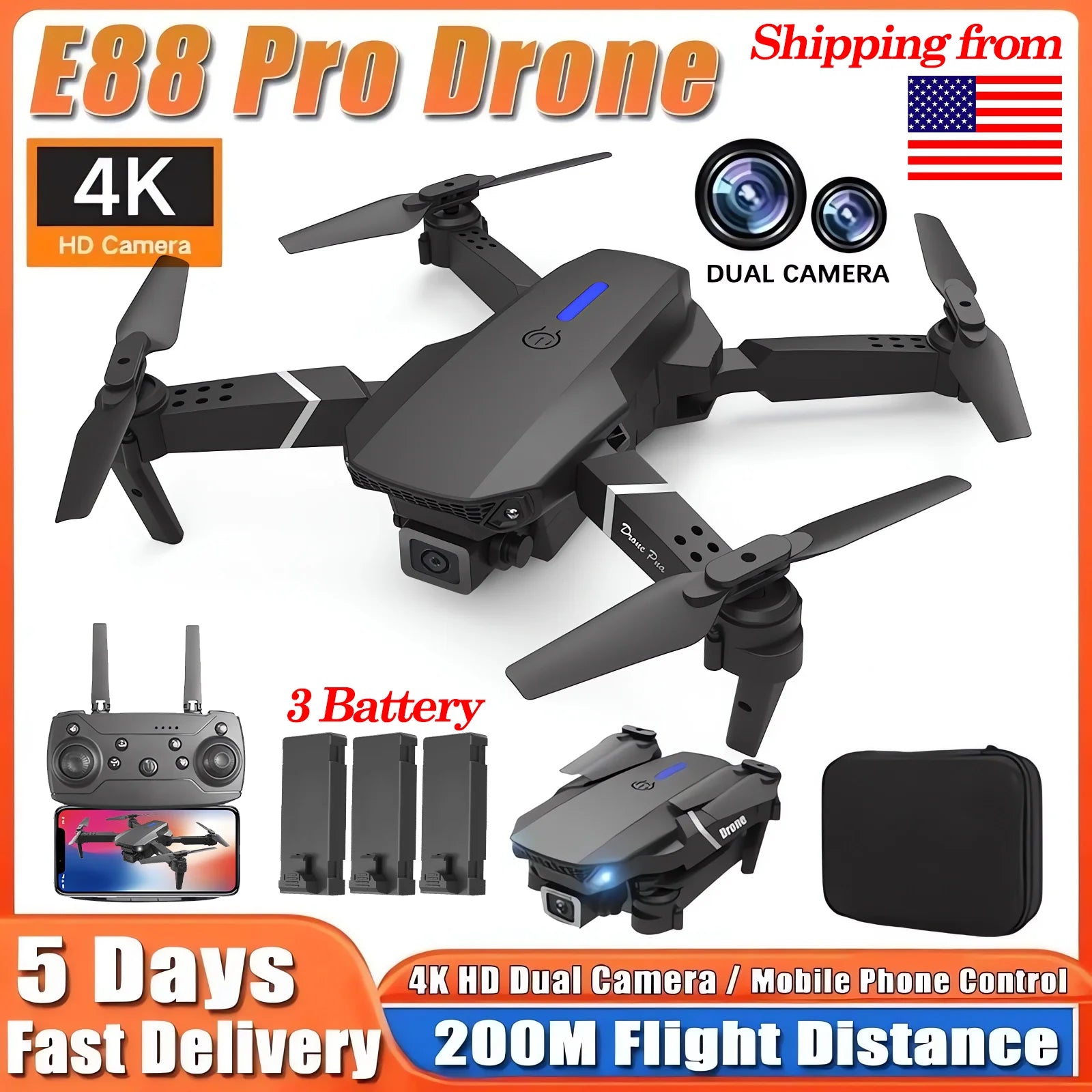 2024 E88Pro 4K RC Drone – Foldable WiFi FPV Quadcopter with 3 Batteries