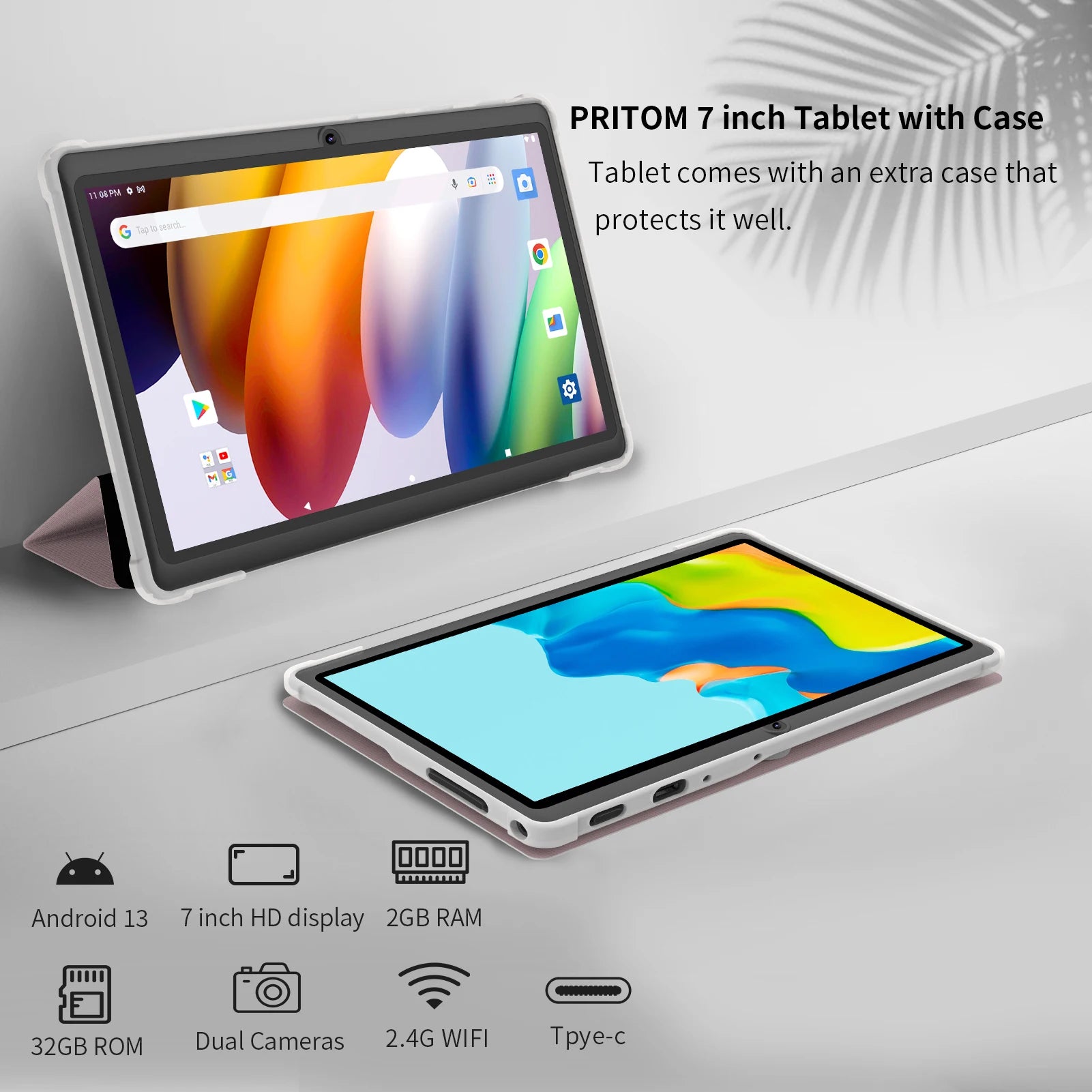 Pritom 7" Tablet PC – Android 13, Quad-Core, 4GB RAM, 32GB Storage